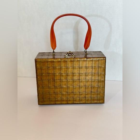 Beautiful 1960s Wood Box Purse w Brown and Gold Iridescent Weaved Style Finish - Picture 1 of 10